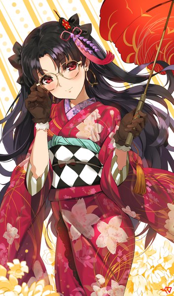 Anime picture 1970x3342 with fate (series) fate/grand order ishtar (fate) yd (orange maru) single long hair tall image looking at viewer blush highres black hair red eyes standing holding signed traditional clothes head tilt japanese clothes light smile wide sleeves