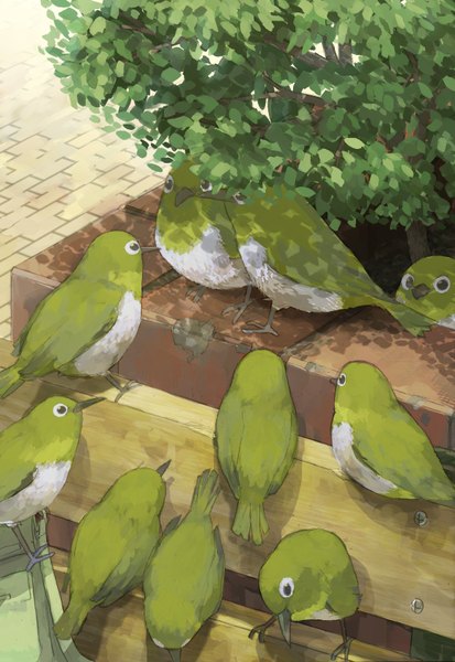 Anime picture 1158x1680 with original 3ldk (artist) tall image no people plant (plants) animal bird (birds) bench