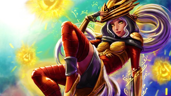 Anime picture 3840x2160 with league of legends syndra carlos eduardo single long hair looking at viewer highres wide image yellow eyes absurdres purple hair ponytail lips girl mask