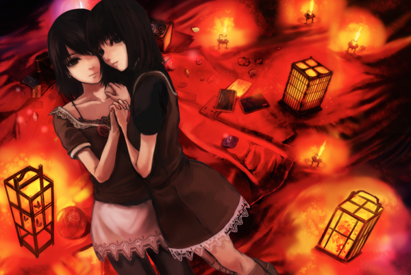 Anime picture 3054x2050 with fatal frame amakura mio amakura mayu gausu looking at viewer blush highres short hair black hair multiple girls absurdres looking back light smile turning head holding hands siblings sisters girl dress 2 girls