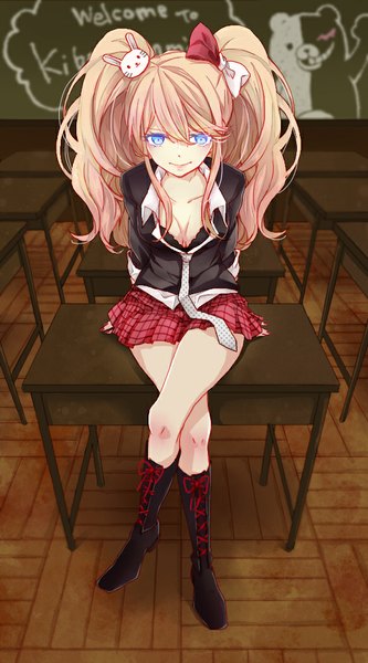 Anime picture 582x1048 with dangan ronpa enoshima junko hato (htdki) single long hair tall image breasts blue eyes smile sitting twintails pink hair cleavage full body nail polish shadow legs crossed legs looking down wavy hair