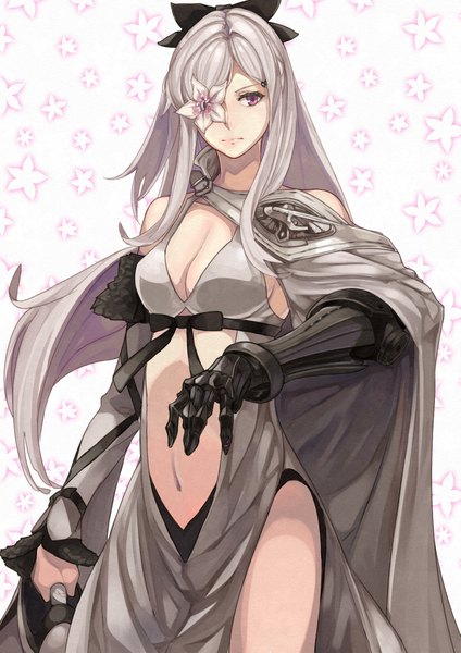 Anime picture 2894x4093 with drakengard zero (drag-on dragoon) kanmiya shinobu single long hair tall image highres bare shoulders looking away cleavage pink eyes grey hair serious flower over eye girl navel flower (flowers) weapon cape eyepatch