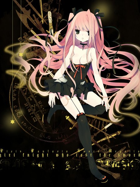 Anime picture 900x1200 with original rugo single long hair tall image looking at viewer breasts light erotic pink hair black eyes dark background girl thighhighs dress ribbon (ribbons) black thighhighs hair ribbon
