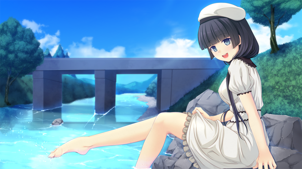 Anime picture 1280x720 with kanojo step kisaragi noe single long hair open mouth blue eyes black hair wide image sitting game cg barefoot river girl plant (plants) tree (trees) beret sundress