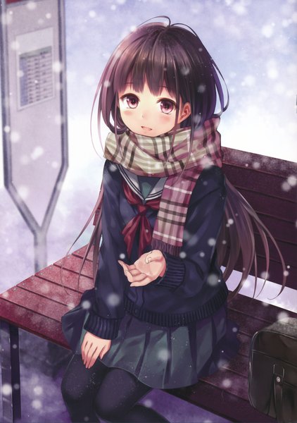 Anime picture 2125x3021 with original fukahire (ruinon) single long hair tall image looking at viewer blush highres open mouth black hair sitting brown eyes from above scan snowing winter girl skirt uniform serafuku