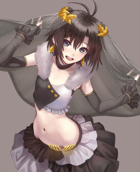 Anime picture 810x1000 with idolmaster kikuchi makoto nekopuchi single tall image looking at viewer fringe short hair open mouth simple background brown hair standing holding ahoge bare belly grey eyes shiny brown background girl skirt