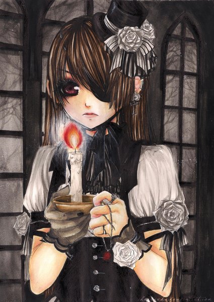 Anime picture 3056x4314 with original cherriuki single long hair tall image highres red eyes standing absurdres night piercing ear piercing lolita fashion goth-loli brown background gothic girl gloves flower (flowers) ribbon (ribbons)