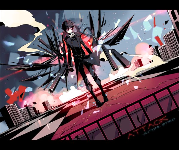 Anime picture 3000x2511 with katekyou hitman reborn hibari kyouya wavesheep single highres short hair black hair absurdres pink eyes glowing smoke glowing eye (eyes) checkered floor destruction boy weapon necktie building (buildings) pants coat