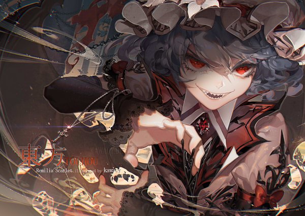 Anime picture 900x636 with touhou koumajou densetsu remilia scarlet kawacy single short hair smile red eyes signed blue hair looking away upper body arm up teeth copyright name character names magic watermark demon girl demon wings