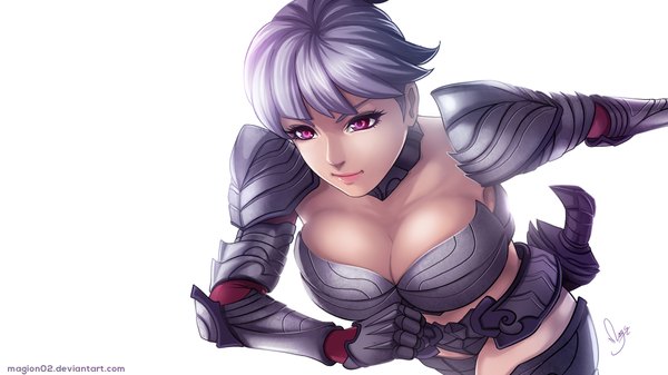 Anime picture 1920x1080 with original magion02 single highres short hair breasts simple background wide image large breasts white background purple eyes signed looking away purple hair realistic running girl armor