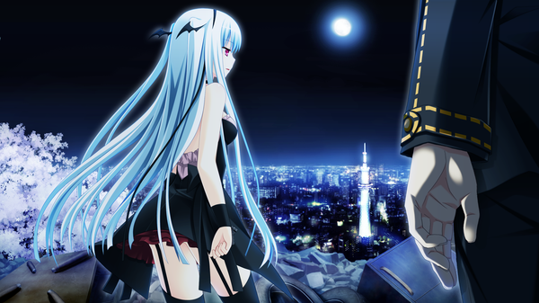 Anime picture 2560x1439 with shinigami no testament vivi alhazerd makita maki long hair highres red eyes wide image game cg silver hair night city girl thighhighs dress black thighhighs moon