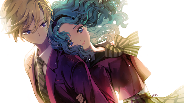 Anime picture 1240x697 with bishoujo senshi sailor moon toei animation kaiou michiru tenou haruka chkuyomi long hair looking at viewer short hair simple background blonde hair smile wide image white background purple eyes multiple girls looking away wind aqua hair couple wavy hair