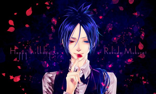 Anime picture 1672x1017 with katekyou hitman reborn rokudo mukuro long hair smile wide image blue hair lips heterochromia piercing dark background eyebrows happy birthday boy shirt petals bowtie vest