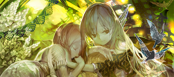 Anime picture 1000x445 with original shishio (pixiv) long hair short hair blonde hair wide image multiple girls brown eyes lying eyes closed on stomach sleeping bodypaint girl 2 girls animal bird (birds) lace