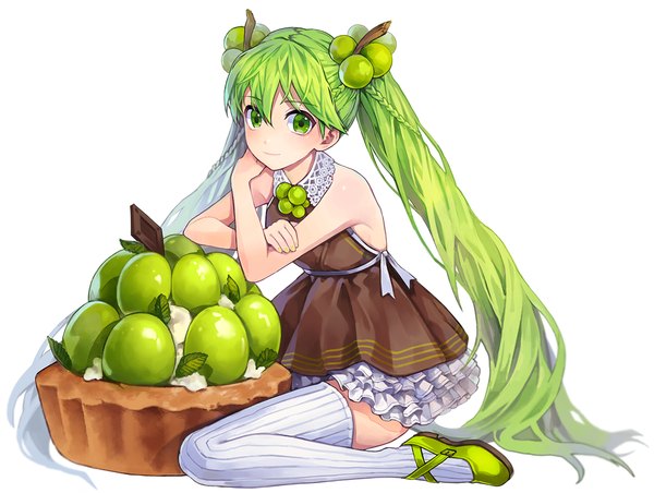 Anime picture 1200x905 with vocaloid hatsune miku kinchee single looking at viewer blush fringe simple background white background sitting twintails bare shoulders green eyes braid (braids) very long hair nail polish green hair light smile wariza crossed arms