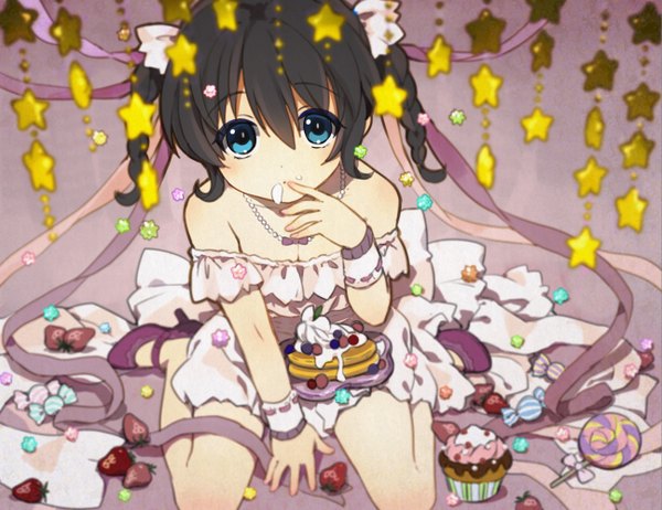 Anime picture 1296x1000 with original beikudoeggu single looking at viewer short hair blue eyes black hair bare shoulders finger to mouth girl dress bow hair bow food sweets star (symbol) berry (berries) candy lollipop strawberry