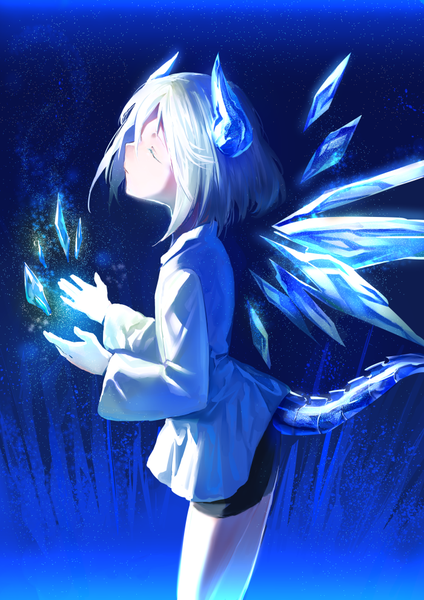 Anime picture 700x990 with original yuran (erubo) erubo single tall image fringe short hair standing blue hair white hair tail eyes closed long sleeves profile multicolored hair arm up horn (horns) wide sleeves magic gradient hair