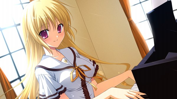 Anime picture 1280x720 with fortissimo//akkord:bsusvier (game) ooba kagerou long hair blonde hair red eyes wide image game cg girl uniform school uniform piano