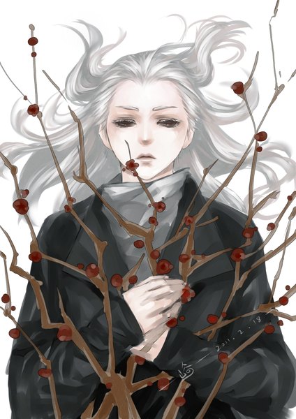 Anime picture 1500x2121 with tongtian diguo pei dong lai yoku (liuyc) single long hair tall image brown eyes signed white hair grey hair plum blossoms boy flower (flowers) branch