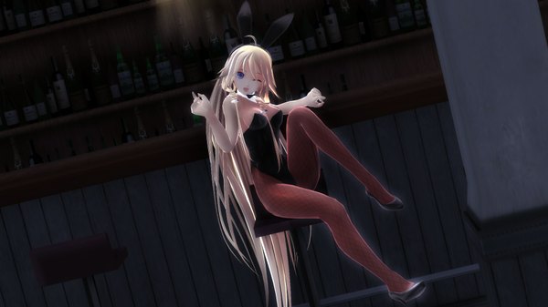 Anime picture 1920x1080 with vocaloid ia (vocaloid) single highres open mouth blue eyes blonde hair wide image sitting bare shoulders animal ears cleavage braid (braids) very long hair one eye closed wink high heels bunny ears alternate costume sleeveless