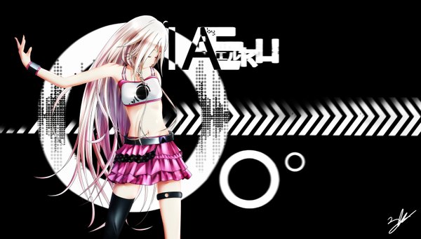 Anime picture 3500x2000 with vocaloid ia (vocaloid) eru4 single highres wide image bare shoulders signed pink hair braid (braids) eyes closed very long hair bare belly character names outstretched arm black background girl thighhighs skirt black thighhighs