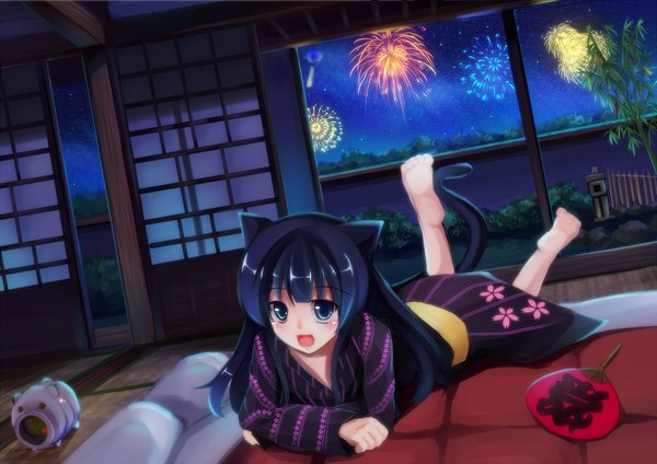 Anime picture 1200x848 with original lio (artist) single long hair looking at viewer blush open mouth blue eyes black hair animal ears japanese clothes barefoot cat ears night cat girl cat tail fireworks girl plant (plants) kimono