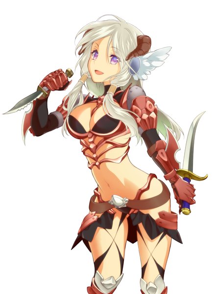 Anime picture 800x1097 with ragnarok online guillotine cross masami (souzou jinsei sanka) single long hair tall image open mouth light erotic smile white background purple eyes holding horn (horns) grey hair midriff head wings dual wielding girl navel weapon