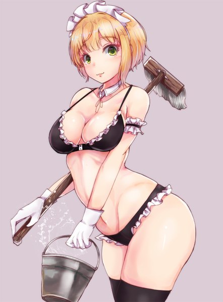Anime picture 958x1300 with idolmaster idolmaster cinderella girls miyamoto frederica ryuu. single tall image looking at viewer blush fringe short hair breasts light erotic simple background blonde hair large breasts green eyes ass light smile maid underwear only