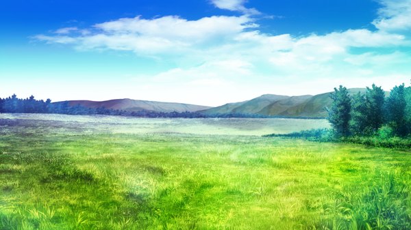 Anime picture 1280x720 with madou koukaku eushully wide image game cg sky cloud (clouds) mountain no people landscape field plant (plants) tree (trees) grass