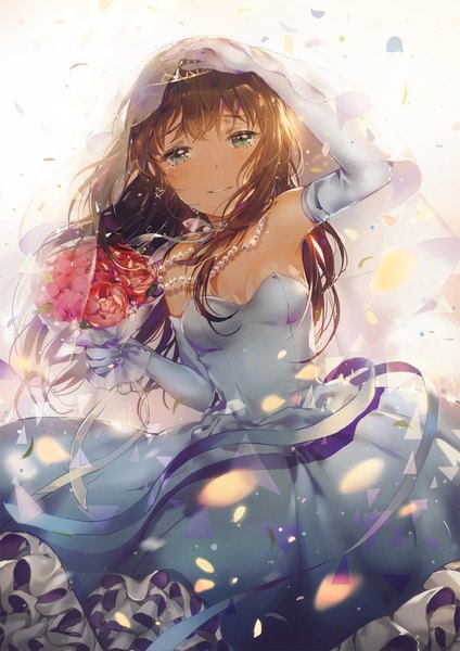Anime picture 1200x1697 with idolmaster idolmaster cinderella girls shibuya rin dangmill single long hair tall image looking at viewer fringe breasts simple background smile brown hair white background holding green eyes cleavage parted lips wind sparkle