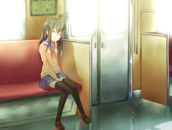 Anime picture 1259x958 with original toritori (yakitoriya) long hair black hair sitting sleeping train interior girl thighhighs skirt uniform black thighhighs school uniform serafuku