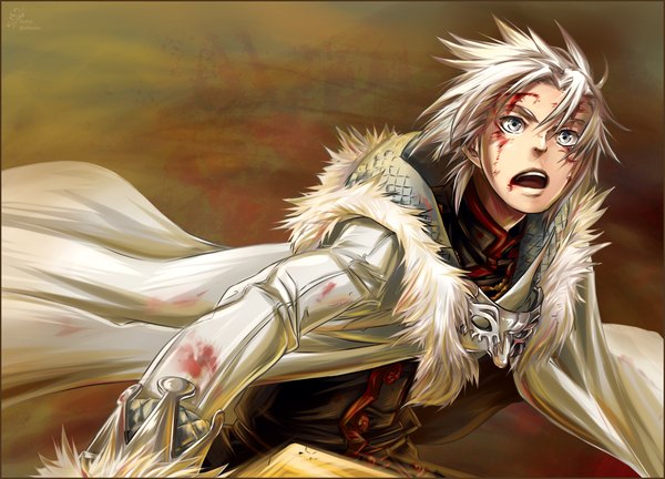 Anime picture 1394x1006 with d.gray-man allen walker single short hair open mouth looking away white hair silver eyes boy blood cloak coat