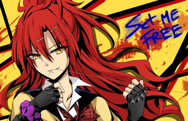 Anime picture 1400x900 with akuma no riddle sagae haruki kago-tan single long hair yellow eyes red hair inscription girl gloves uniform school uniform fingerless gloves