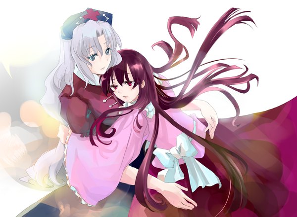 Anime picture 1136x834 with touhou houraisan kaguya yagokoro eirin mosuke long hair blue eyes red eyes multiple girls purple hair grey hair girl 2 girls hat