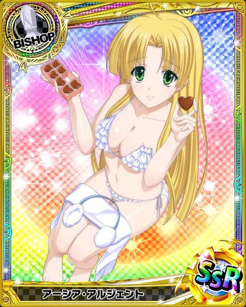 Anime picture 640x800 with highschool dxd asia argento single long hair tall image looking at viewer breasts light erotic blonde hair green eyes cleavage torn clothes card (medium) valentine girl navel swimsuit bikini food sweets