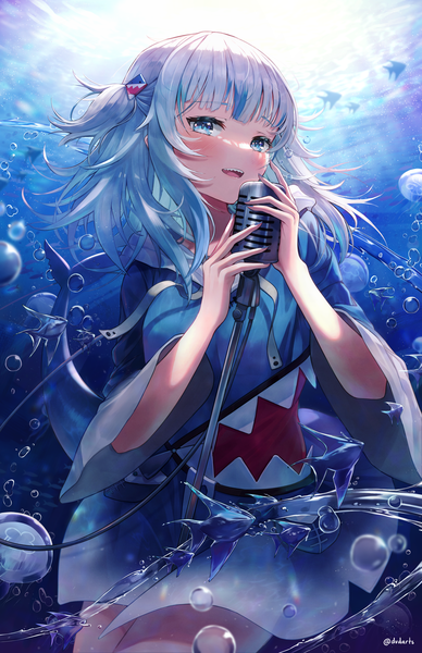 Anime picture 3300x5100 with virtual youtuber hololive hololive english gawr gura gawr gura (1st costume) dvdarts single long hair tall image blush highres blue eyes absurdres silver hair multicolored hair streaked hair underwater girl animal bubble (bubbles)