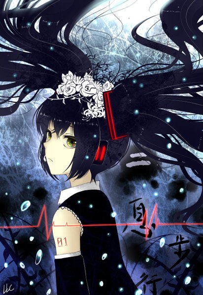 Anime picture 2031x2952 with vocaloid nisoku hokou (vocaloid) hatsune miku liuli (llc) single long hair tall image highres black hair twintails bare shoulders green eyes girl headphones