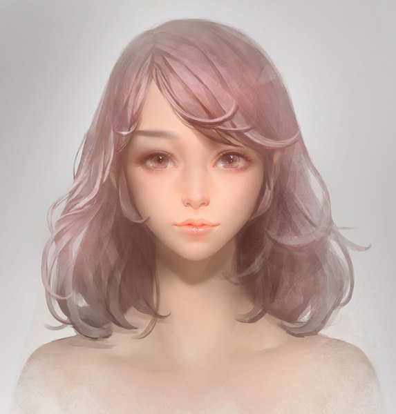 Anime picture 1500x1571 with original orry single tall image looking at viewer fringe short hair bare shoulders brown eyes pink hair multicolored hair lips realistic grey background portrait gradient hair girl