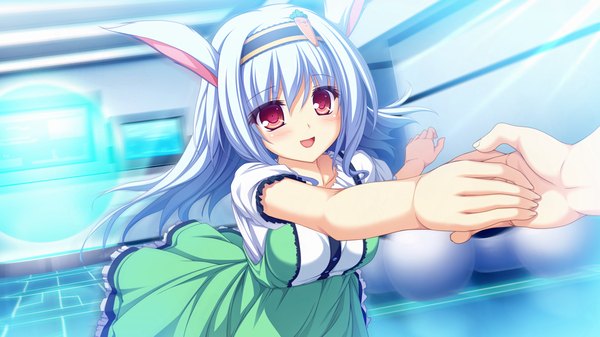 Anime picture 1280x720 with g.i.b. girls in black elise wallenstein tenmaso single long hair blush open mouth red eyes wide image animal ears blue hair game cg bunny ears holding hands girl dress hairband