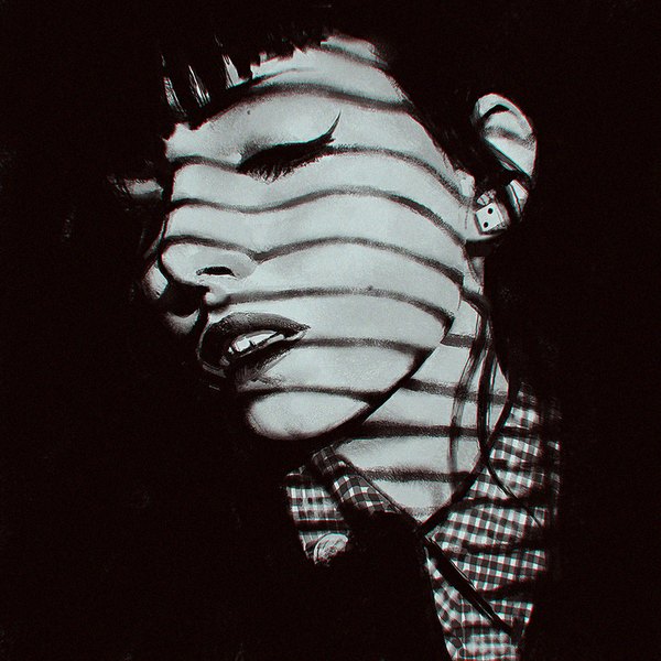 Anime picture 900x900 with ilya kuvshinov single long hair fringe eyes closed parted lips head tilt lips shadow lipstick black background monochrome black lipstick blending girl earrings shirt checkered shirt