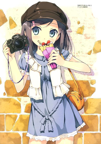 Anime picture 2528x3600 with hentai ouji to warawanai neko j.c. staff tsutsukakushi tsukiko kantoku single tall image looking at viewer blush highres short hair blue eyes black hair scan official art eating girl dress bag flat cap camera