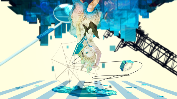 Anime picture 1920x1080 with vocaloid kagamine rin nine (plantroom9) single looking at viewer highres short hair blue eyes blonde hair wide image one eye closed wink text english upside down falling transparent umbrella girl dress water