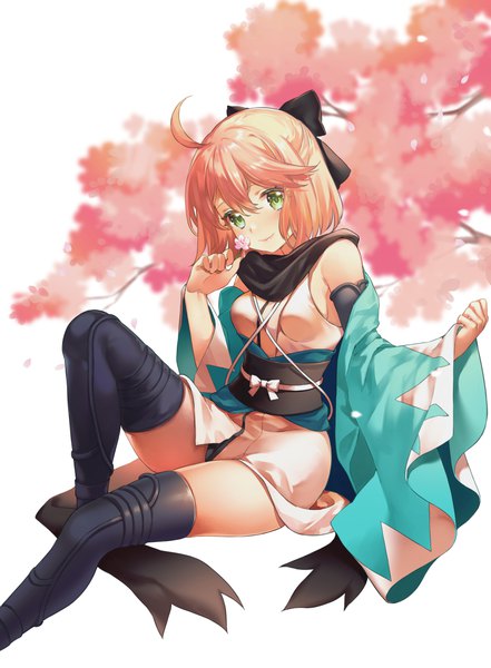 Anime picture 850x1157 with fate (series) fate/grand order koha-ace okita souji (fate) (all) okita souji (koha-ace) shiosoda single tall image looking at viewer blush fringe short hair blonde hair smile hair between eyes white background sitting bare shoulders holding green eyes
