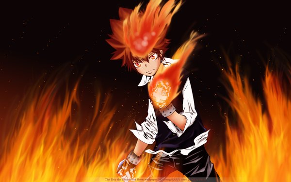 Anime picture 1920x1200 with katekyou hitman reborn sawada tsunayoshi highres red eyes wide image boy gloves fire