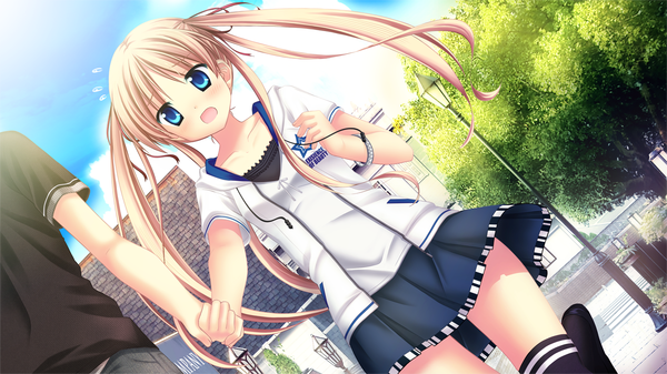 Anime picture 1280x720 with aqua (game) akizuki tsukasa long hair open mouth blue eyes blonde hair wide image twintails game cg holding hands girl skirt plant (plants) miniskirt tree (trees) bracelet lantern lamppost
