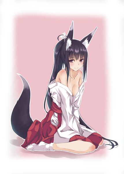 Anime picture 2590x3624 with original second heaven single long hair tall image looking at viewer highres light erotic black hair purple eyes bare shoulders animal ears ponytail animal tail miko girl socks white socks