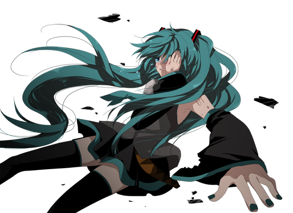 Anime picture 1500x1093 with vocaloid hatsune miku marirero a single long hair open mouth blue eyes twintails aqua hair zettai ryouiki transparent background girl thighhighs skirt black thighhighs detached sleeves miniskirt