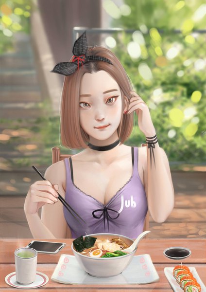 Anime picture 1447x2048 with original lyn (jubi) jubi (regiana) single tall image looking at viewer short hair breasts brown hair sitting bare shoulders brown eyes signed cleavage outdoors blurry depth of field adjusting hair casual girl