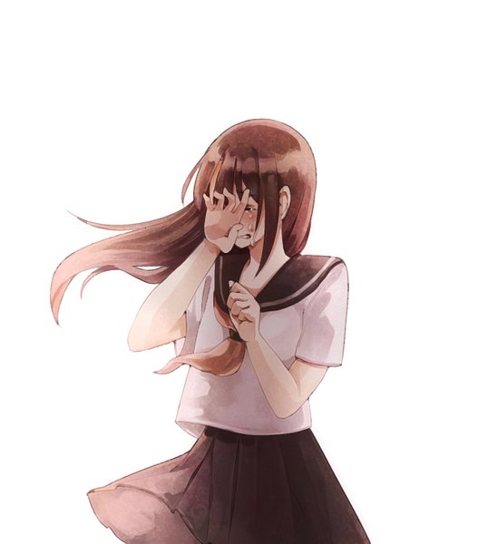 Anime picture 1329x1453 with original shigure ui single long hair tall image simple background brown hair white background eyes closed tears crying hand on face girl uniform serafuku