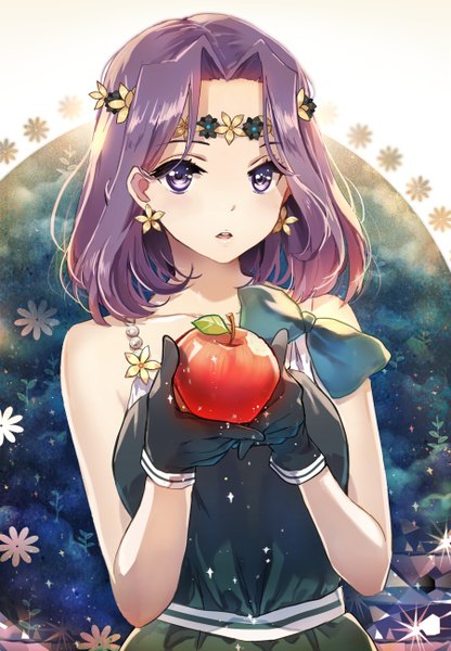 Anime picture 900x1297 with kantai collection tatsuta light cruiser yukizakura (neon-neon) single tall image looking at viewer short hair breasts purple eyes bare shoulders holding purple hair parted lips hair flower alternate costume sleeveless girl gloves hair ornament flower (flowers)